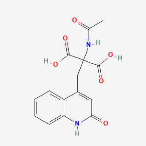 Chemical structure of 2-Acetamido-2-((2-oxo-1,2-dihydroquinolin-4-yl)methyl)malonic acid