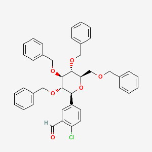 Chemical structure of 2-Chloro-5-[(2S,3S,4R,5R,6R)-3,4,5-tribenzyloxy-6-(benzyloxymethyl)tetrahydropyran-2-yl]benzaldehyde
