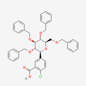 Chemical structure of 2-Chloro-5-[(2S,3S,4R,5R,6R)-3,4,5-tris(benzyloxy)-6-[(benzyloxy)methyl]oxan-2-yl]benzoic acid
