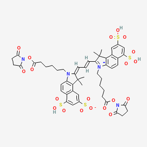Chemical structure of 3-(6-((2,5-Dioxopyrrolidin-1-yl)oxy)-6-oxohexyl)-2-((1E,3E)-3-(3-(6-((2,5-dioxopyrrolidin-1-yl)oxy)-6-oxohexyl)-1,1-dimethyl-6,8-disulfo-1H-benzo[e]indol-2(3H)-ylidene)prop-1-en-1-yl)-1,1-dimethyl-8-sulfo-1H-benzo[e]indol-3-ium-6-sulfonate