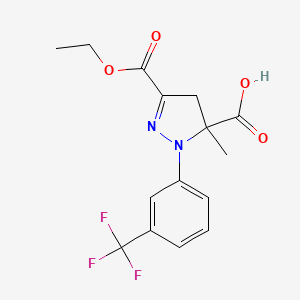 Chemical structure of 3-(Ethoxycarbonyl)-5-methyl-1-[3-(trifluoromethyl)phenyl]-4,5-dihydro-1h-pyrazole-5-carboxylic acid
