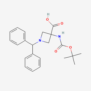 Chemical structure of 3-{[(tert-Butoxy)carbonyl]amino}-1-(diphenylmethyl)azetidine-3-carboxylic acid