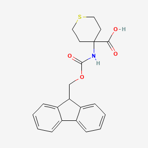 Chemical structure of 4-((((9H-Fluoren-9-yl)methoxy)carbonyl)amino)tetrahydro-2H-thiopyran-4-carboxylic acid