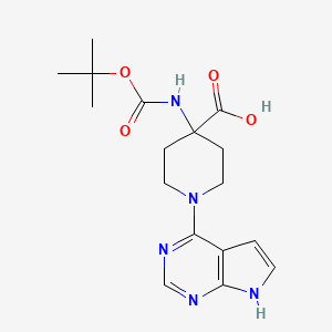 Chemical structure of 4-((tert-Butoxycarbonyl)amino)-1-(7H-pyrrolo[2,3-d]pyrimidin-4-yl)piperidine-4-carboxylic acid