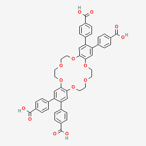 Chemical structure of 4,4',4'',4'''-(6,7,9,10,17,18,20,21-Octahydrodibenzo[b,k][1,4,7,10,13,16]hexaoxacyclooctadecine-2,3,13,14-tetrayl)tetrabenzoicacid