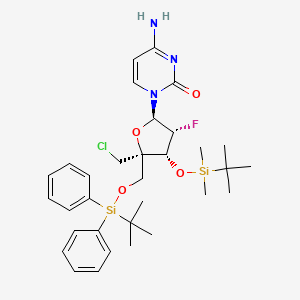 Chemical structure of 4-amino-1-((2R,3R,4R,5R)-4-((tert-butyldimethylsilyl)oxy)-5-(((tert-butyldiphenylsilyl)oxy)methyl)-5-(chloromethyl)-3-fluorotetrahydrofuran-2-yl)pyrimidin-2(1H)-one