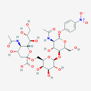 Chemical structure of 5-Acetamido-2-((6-((5-acetamido-4-hydroxy-2-(hydroxymethyl)-6-(4-nitrophenoxy)tetrahydro-2H-pyran-3-yl)oxy)-3,4,5-trihydroxytetrahydro-2H-pyran-2-yl)methoxy)-4-hydroxy-6-((1R,2R)-1,2,3-trihydroxypropyl)tetrahydro-2H-pyran-2-carboxylic acid