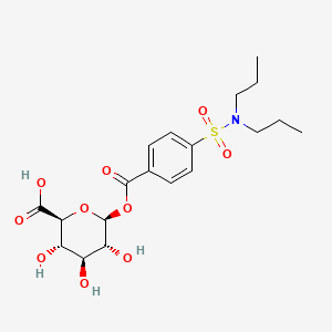 Chemical structure of 6-((4-(N,N-dipropylsulfamoyl)benzoyl)oxy)-3,4,5-trihydroxytetrahydro-2H-pyran-2-carboxylic acid