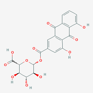 Chemical structure of 6-((4,5-Dihydroxy-9,10-dioxo-9,10-dihydroanthracene-2-carbonyl)oxy)-3,4,5-trihydroxytetrahydro-2H-pyran-2-carboxylic acid