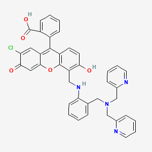 Chemical structure of 9-(2-Carboxyphenyl)-2-chloro-5-[{2-(di(2-pyridyl)aminomethyl)phenyl}aminomethyl]-6-hydroxy-3-xanthanone Zinpyr-4
