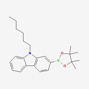 Chemical structure of 9-Hexyl-2-(4,4,5,5-tetramethyl-1,3,2-dioxaborolan-2-yl)-9H-carbazole