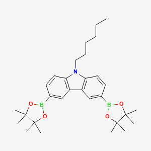 Chemical structure of 9-Hexyl-3,6-bis(4,4,5,5-tetramethyl-1,3,2-dioxaborolan-2-yl)-9H-carbazole