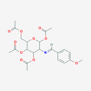 Chemical structure of Acetic acid 4,5-diacetoxy-6-acetoxymethyl-3-[(4-methoxy-benzylidene)-amino]-tetrahydro-pyran-2-yl ester