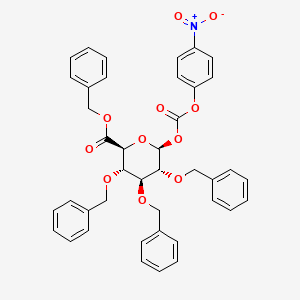 Chemical structure of Benzyl (2S,3S,4S,5R,6S)-3,4,5-tris(benzyloxy)-6-(((4-nitrophenoxy)carbonyl)oxy)tetrahydro-2H-pyran-2-carboxylate