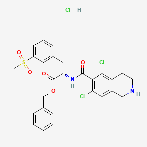 Chemical structure of Benzyl (S)-2-(5,7-dichloro-1,2,3,4-tetrahydroisoquinoline-6-carboxamido)-3-(3-(methylsulfonyl)phenyl)propanoate hydrochloride