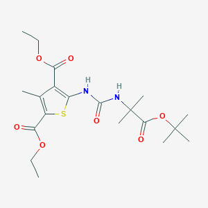 Chemical structure of Diethyl 5-(3-(1-(tert-butoxy)-2-methyl-1-oxopropan-2-yl)ureido)-3-methylthiophene-2,4-dicarboxylate