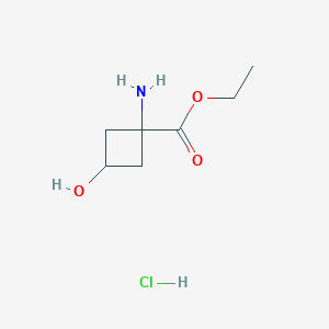Chemical structure of Ethyl 1-amino-3-hydroxycyclobutane-1-carboxylate hydrochloride