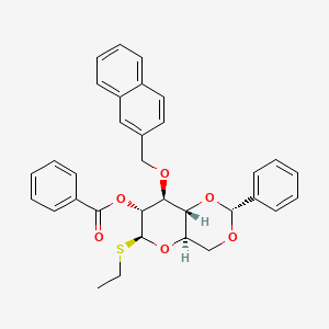 Chemical structure of Ethyl 2-O-benzoyl-3-O-(2-methylnaphthyl)-4,6-O-benzylidene-1-thio-β-D-glucopyranoside
