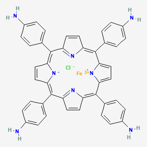 Chemical structure of Iron, chloro[[4,4′,4′′,4′′′-(21H,23H-porphine-5,10,15,20-tetrayl-κN21,κN22,κN23,κN24)tetrakis[benzenaminato]](2-)]-, (SP-5-12)-