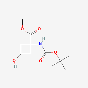 Chemical structure of Methyl 1-{[(tert-butoxy)carbonyl]amino}-3-hydroxycyclobutane-1-carboxylate