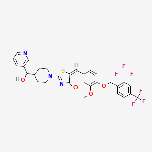 Chemical structure of N-((1S,2S)-2-((2-(((R)-tert-Butylsulfinyl)amino)-3,4-dioxocyclobut-1-en-1-yl)amino)-1,2-diphenylethyl)-3,5-bis(trifluoromethyl)benzamide
