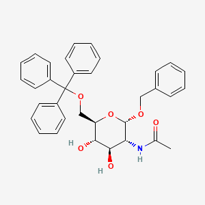 Chemical structure of N-((2S,3R,4R,5S,6R)-2-(benzyloxy)-4,5-dihydroxy-6-((trityloxy)methyl)tetrahydro-2H-pyran-3-yl)acetamide