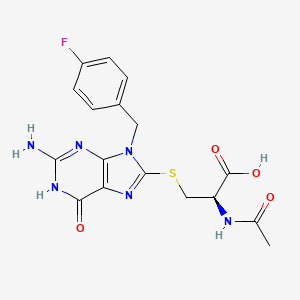 Chemical structure of N-Acetyl-S-(2-amino-9-(4-fluorobenzyl)-6-oxo-6,9-dihydro-1H-purin-8-yl)-L-cysteine