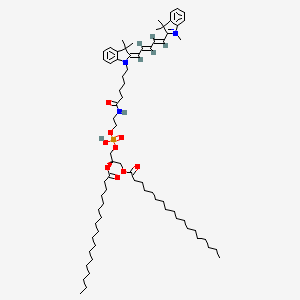 Chemical structure of 2-(5-(1-(6-((2-((((R)-2,3-Bis(stearoyloxy)propoxy)(hydroxy)phosphoryl)oxy)ethyl)amino)-6-oxohexyl)-3,3-dimethylindolin-2-ylidene)penta-1,3-dien-1-yl)-1,3,3-trimethyl-3H-indol-1-ium , Cy5-DSPE
