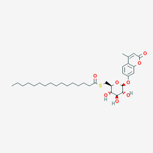 Chemical structure of 4-Methylumbelliferyl 6-thio-Palmitate-β-D-Glucopyranoside