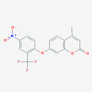 Chemical structure of 4-Methyl-7-(4-nitro-2-(trifluoromethyl)phenoxy)-2H-chromen-2-one