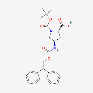 Chemical structure of (2S,4R)-4-((((9H-Fluoren-9-yl)methoxy)carbonyl)amino)-1-(tert-butoxycarbonyl)pyrrolidine-2-carboxylic acid