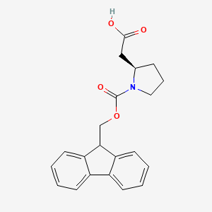 Chemical structure of (R)-2-(1-(((9H-Fluoren-9-yl)methoxy)carbonyl)pyrrolidin-2-yl)acetic acid