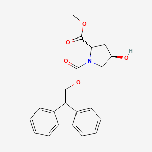 Chemical structure of (2S,4R)-1-((9H-Fluoren-9-yl)methyl) 2-methyl 4-hydroxypyrrolidine-1,2-dicarboxylate