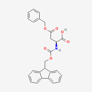 Chemical structure of (2S)-4-(benzyloxy)-2-{[(9H-fluoren-9-ylmethoxy)carbonyl]amino}-4-oxobutanoic acid