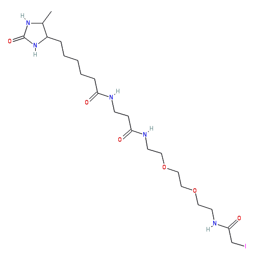 Chemical structure of Desthiobiotin polyethyleneoxide iodoacetamide
