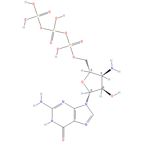 Chemical structure of 3'-Amino-3'-deoxyguanosine-5'-O-triphosphate (sodium salt)