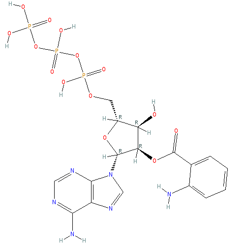 Chemical structure of 2'(3')-O-Anthraniloyladenosine-5'-O-triphosphate (sodium salt)