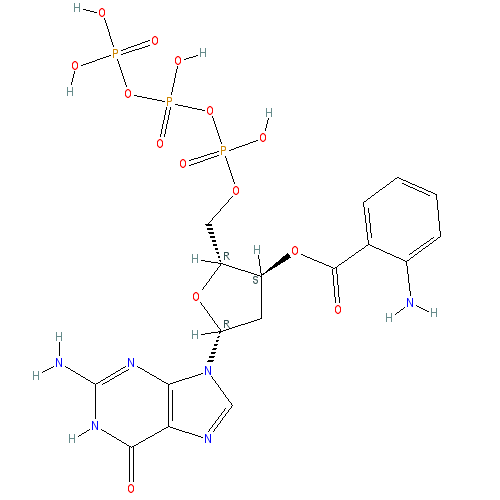 Chemical structure of 3'-O-Anthraniloyl-2'-deoxyguanosine-5'-O-triphosphate (sodium salt)