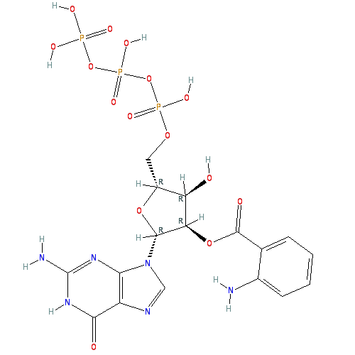 Chemical structure of 2'(3')-O-Anthraniloylguanosine-5'-O-triphosphate (sodium salt)