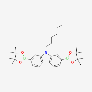 Chemical structure of 9-hexyl-2,7-bis(4,4,5,5-tetramethyl-1,3,2-dioxaborolan-2-yl)-9H-carbazole