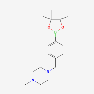 Chemical structure of 1-methyl-4-{[4-(tetramethyl-1,3,2-dioxaborolan-2-yl)phenyl]methyl}piperazine