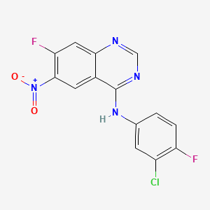 Chemical structure of N-(3-chloro-4-fluorophenyl)-7-fluoro-6-nitroquinazolin-4-amine