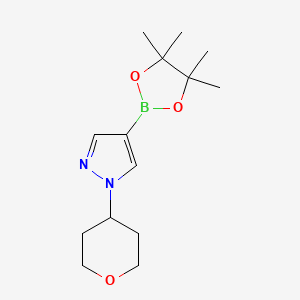 Chemical structure of 1-(oxan-4-yl)-4-(tetramethyl-1,3,2-dioxaborolan-2-yl)-1H-pyrazole