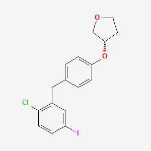 Chemical structure of (3S)-3-{4-[(2-chloro-5-iodophenyl)methyl]phenoxy}oxolane