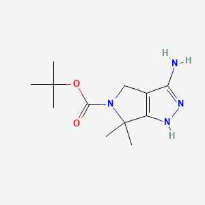 Chemical structure of tert-butyl 3-amino-6,6-dimethyl-1H,4H,5H,6H-pyrrolo[3,4-c]pyrazole-5-carboxylate