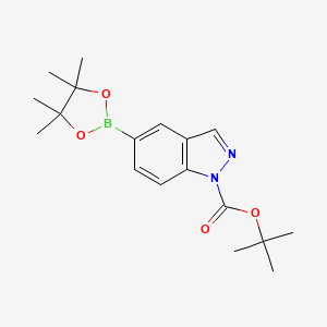 Chemical structure of tert-butyl 5-(tetramethyl-1,3,2-dioxaborolan-2-yl)-1H-indazole-1-carboxylate