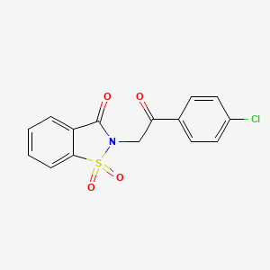 Chemical structure of 2-(2-(4-chlorophenyl)-2-oxoethyl)benzo[d]isothiazol-3(2H)-one 1,1-dioxide