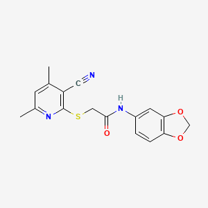 Chemical structure of N-(1,3-benzodioxol-5-yl)-2-(3-cyano-4,6-dimethylpyridin-2-yl)sulfanylacetamide