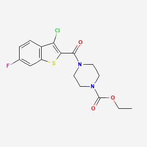 Chemical structure of ethyl 4-(3-chloro-6-fluorobenzo[b]thiophene-2-carbonyl)piperazine-1-carboxylate