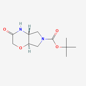 Chemical structure of Trans-tert-butyl3-oxohexahydropyrrolo[3,4-b][1,4]oxazine-6(2H)-carboxylate